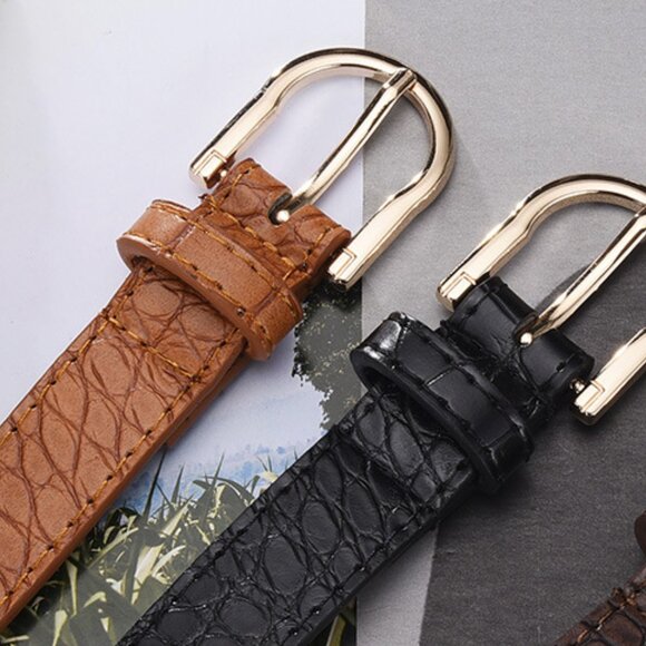 2/$30 Brown Crocodile Print Thin PU Leather Belt Gold Buckle Dress Pants Jeans - Picture 5 of 6